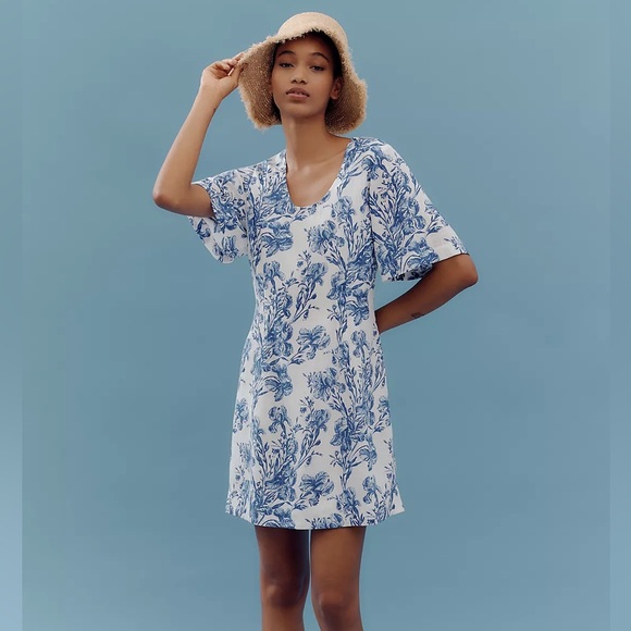 Anthropologie Porridge Short-Sleeve Crew-Neck Linen Printed Mini Dress NWT - Picture 2 of 9